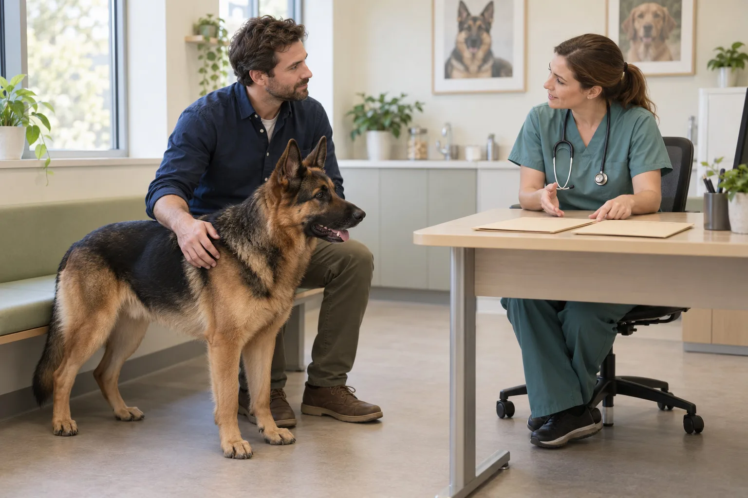 Large shepherd-type dog with an owner and veterinary professional discussing records